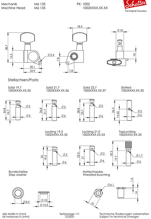 Schaller M6 135 6IL Locking Staggered Tuners 18:1 Ratio Black 10020420.01.50
