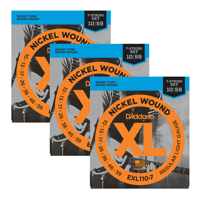 3-Pack D'Addario EXL110-7 Nickel 7-String Guitar Strings 10-59 Gauge